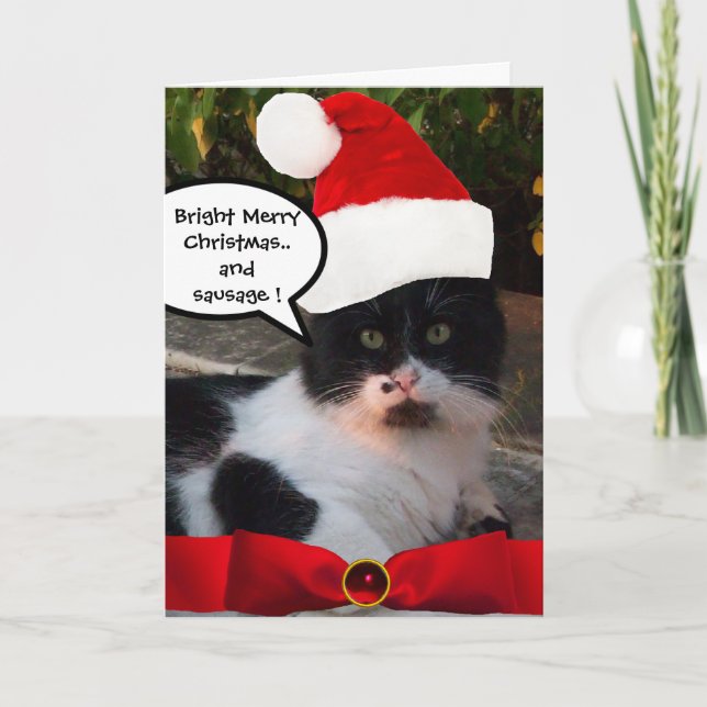 CHRISTMAS CAT MED JULTOMTEN HAT OCH RÖD RIBBON HELGKORT (Framsida)