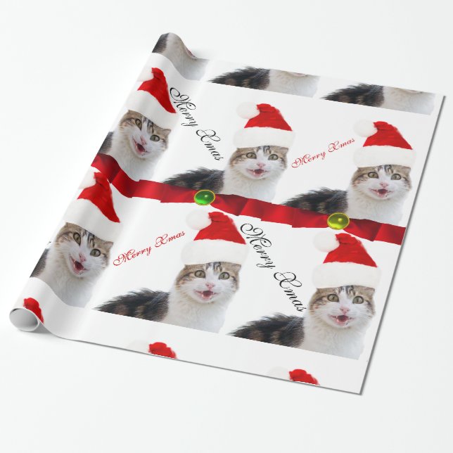 CHRISTMAS CAT MED JULTOMTEN HAT OCH RÖD ROSETT BAN PRESENTPAPPER (Utrullad)