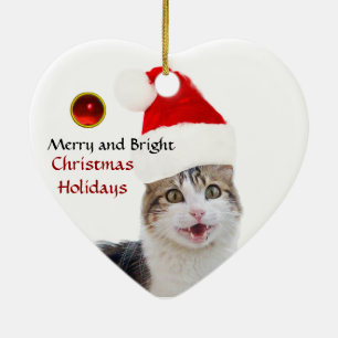 CHRISTMAS CAT MED JULTOMTEN HAT RUBY HEART JULGRANSPRYDNAD KERAMIK