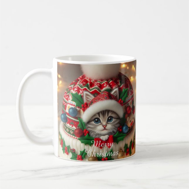 Christmas Cat Mug – Cute Kitty with Santa Hat Kaffemugg (Vänster)