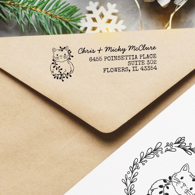 Christmas Cat Return Address Label Självfärgande Stämpel (Skapare uppladdad)