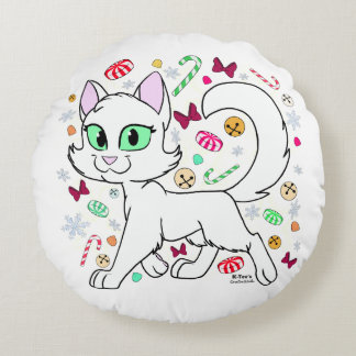 Christmas Cat Round Pillow (White) Rund Kudde