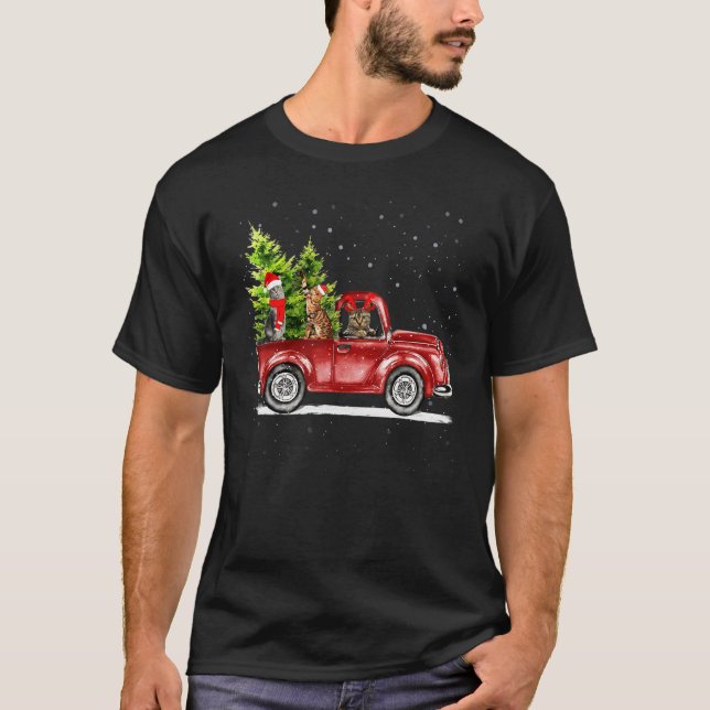 Christmas Cat Santa Reindeer Red Truck Xmas Tree P T Shirt (Framsida)