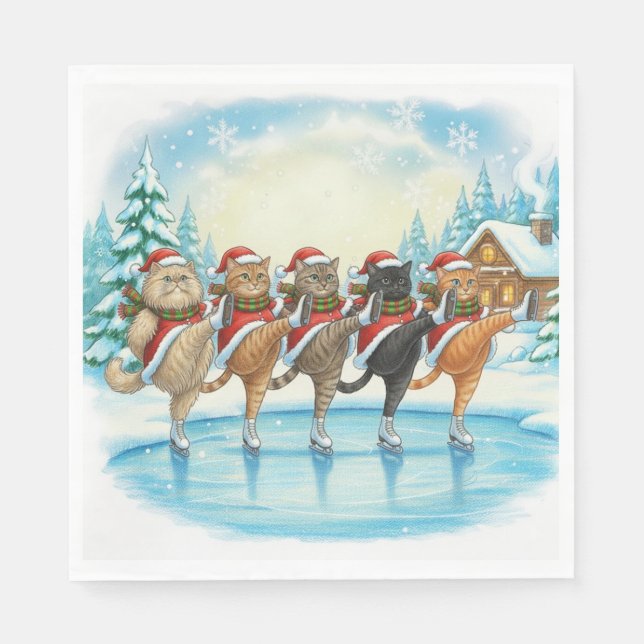 Christmas Cat Skaters, Napkins Pappersservett (Framsidan)