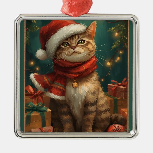 Christmas Cat Square Metal Ornament (Framsidan)