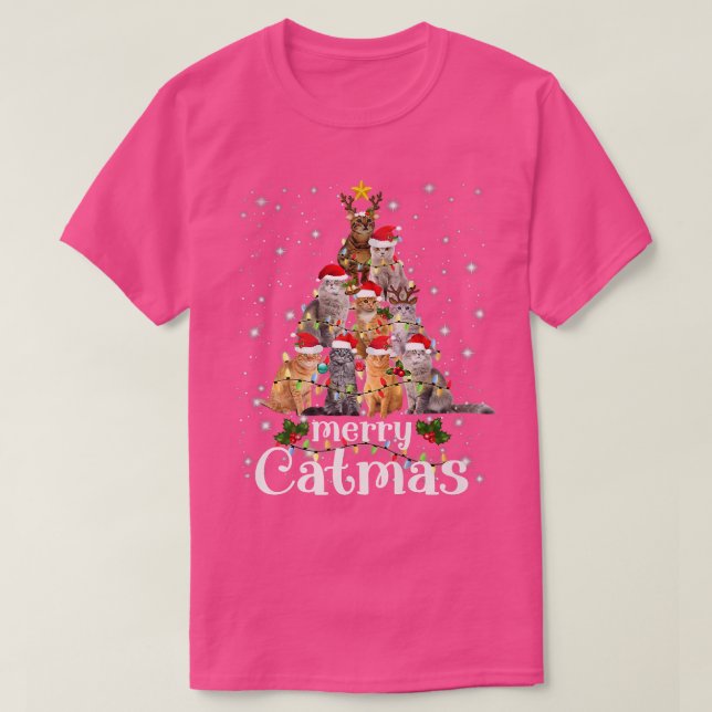 Christmas Cat Tree with Santa Hat Merry Catmas Fun T Shirt (Design framsida)