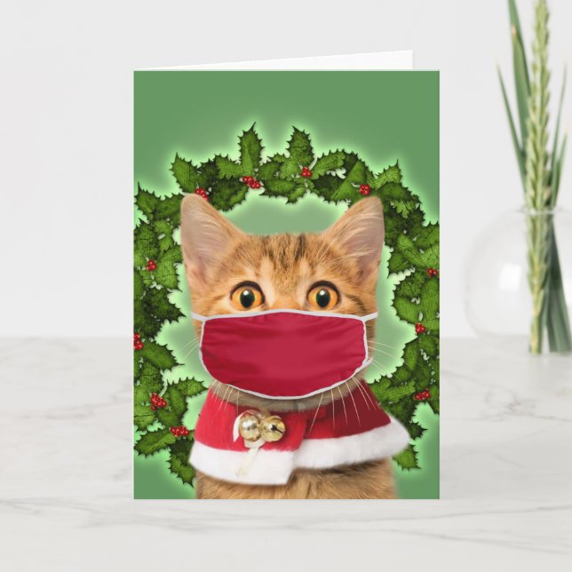 Christmas Cat with coronavirus mask Kort (Framsida)