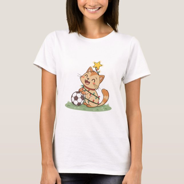 Christmas Cat with Soccer Ball T Shirt (Framsida)