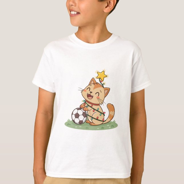 Christmas Cat with Soccer Ball T Shirt (Framsida)