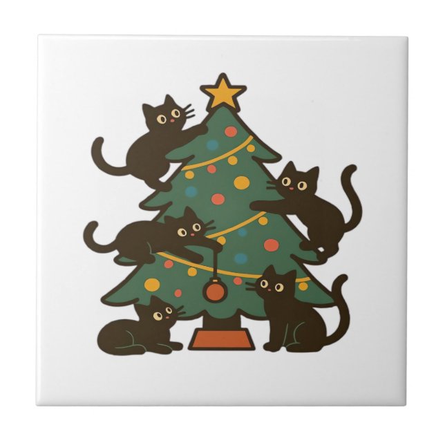 Christmas Cats Around The Tree Holiday Classic Kakelplatta (Framsidan)