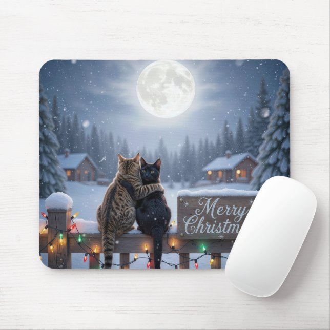 Christmas Cats Embracing On a Snowy Fence Musmatta (Med mus)
