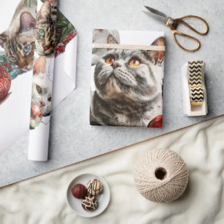 Christmas Cats with Red Ornaments – Cozy Watercolo Presentpapper