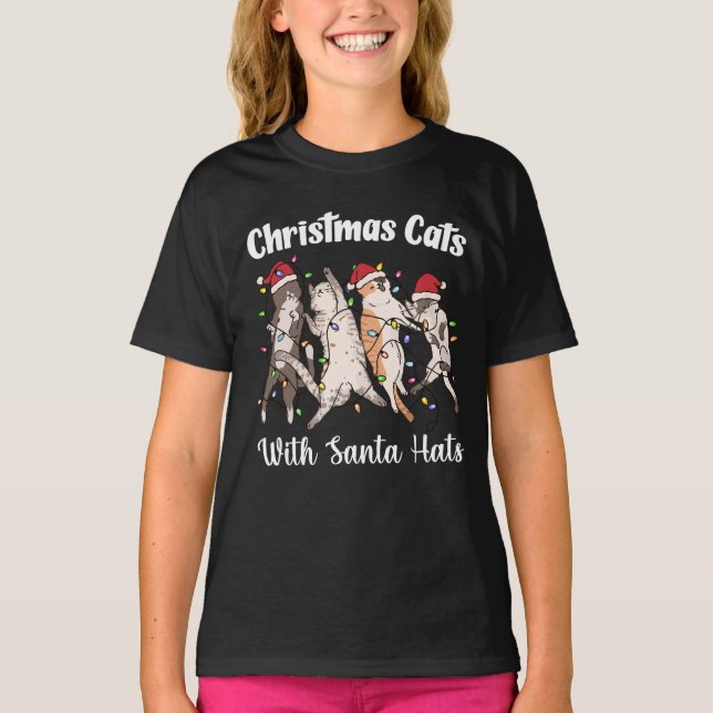 Christmas Cats with Santa Hats Cute Funny Holiday T Shirt (Framsida)