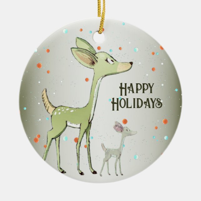 Christmas Celebration Green Deers Holidays Cute Julgransprydnad Keramik (Framsidan)