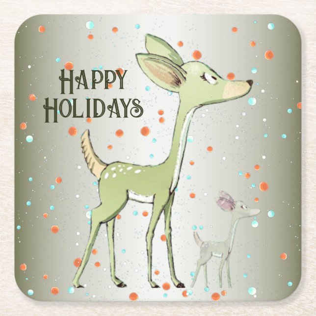 Christmas Celebration Green Deers Holidays Cute Underlägg Papper Kvadrat (Framsidan)