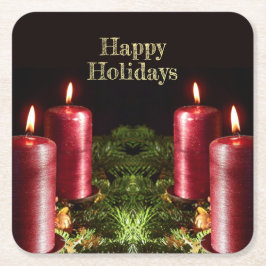 Christmas Celebration Red Candles Green Leaves Underlägg Papper Kvadrat