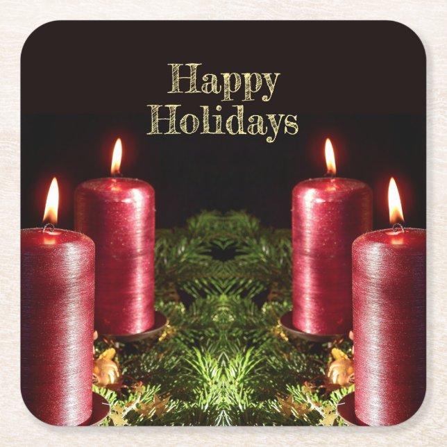 Christmas Celebration Red Candles Green Leaves Underlägg Papper Kvadrat (Framsidan)