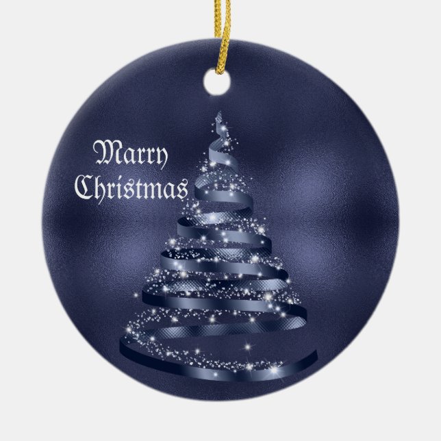 Christmas Celebration Shiny Blue Ribbon Tree Julgransprydnad Keramik (Framsidan)