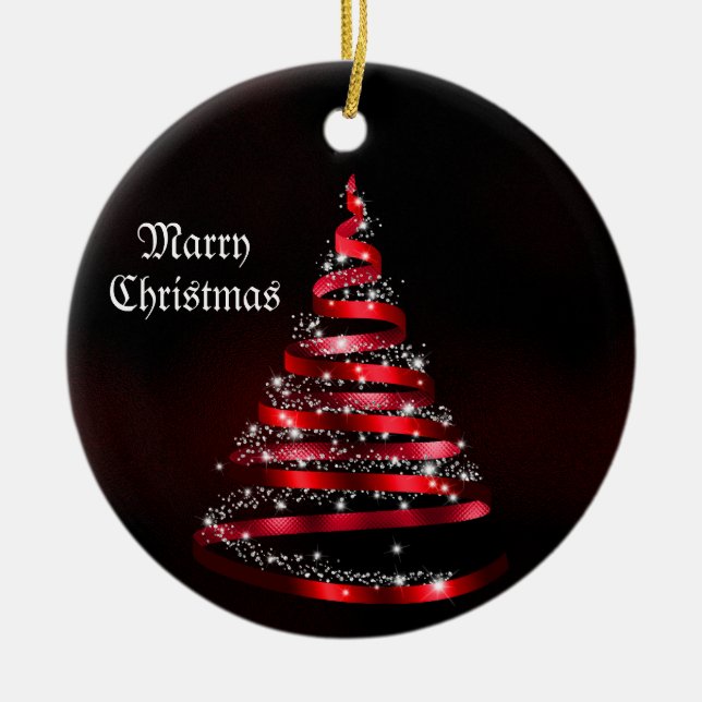 Christmas Celebration Shiny Red Ribbon Tree Julgransprydnad Keramik (Framsidan)