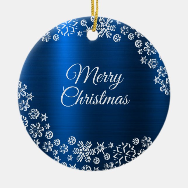 Christmas Celebration White Snowflakes Navy Blue Julgransprydnad Keramik (Framsidan)