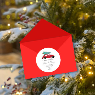 Christmas Change of Address Sticker | Red Car with Runt Klistermärke