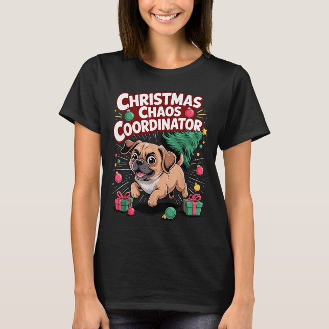 Christmas Chaos Coordinator Xmas Puppy Funny Puggl T Shirt (Framsida)