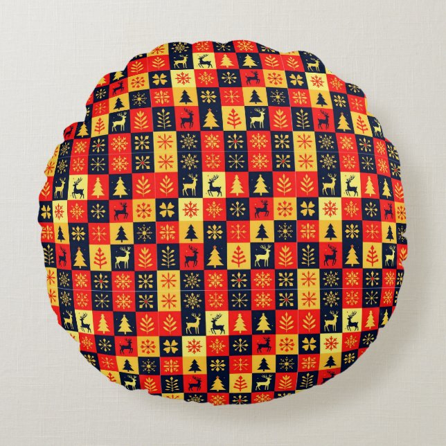 Christmas Checkerboard Pattern – Red & Yellow Tree Rund Kudde (Framsidan)