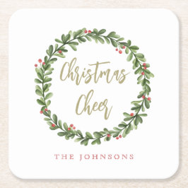 Christmas Cheer Wreath Gold Script Personalized Underlägg Papper Kvadrat