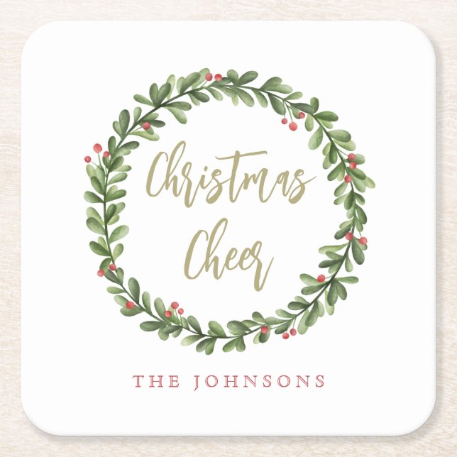 Christmas Cheer Wreath Gold Script Personalized Underlägg Papper Kvadrat (Framsidan)