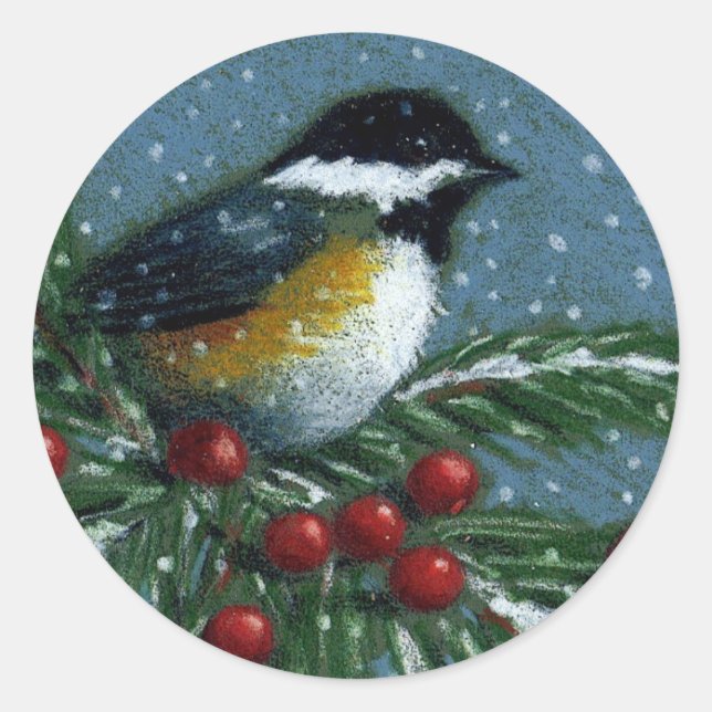 CHRISTMAS: CHICKADEE: STICKARE RUNT KLISTERMÄRKE (Framsida)