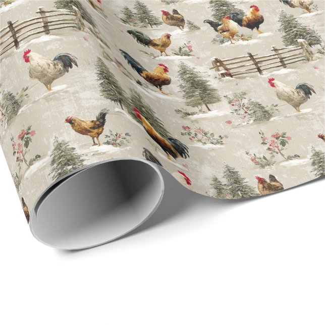 Christmas Chickens and Roosters Farmyard Winter  Presentpapper (Rullad Hörn)
