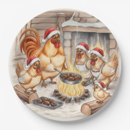 Christmas Chickens Roasting Chestnuts, Plates