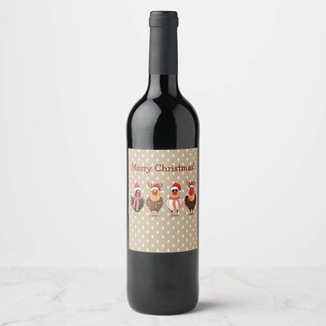 Christmas Chickens with Lights Wine Label Vinflaska Etikett (Framsida)