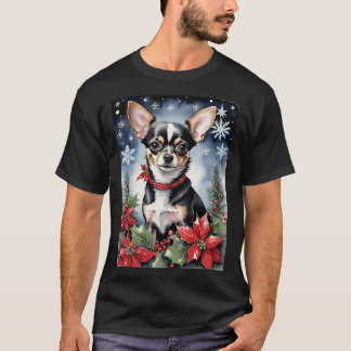 Christmas Chihuahua With Poinsettias & Snowflakes T Shirt
