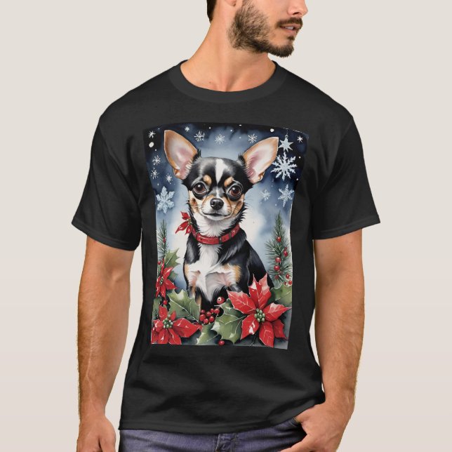Christmas Chihuahua With Poinsettias & Snowflakes T Shirt (Framsida)