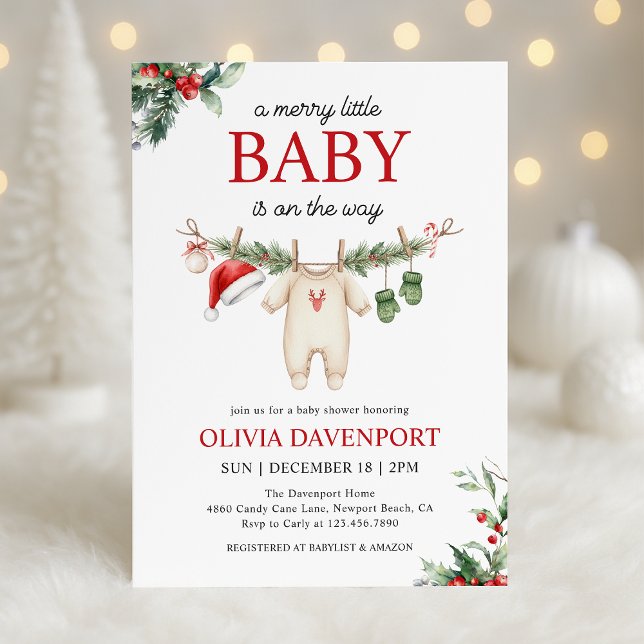 Christmas Clothesline Merry Little Baby Shower Inbjudningar (Skapare uppladdad)