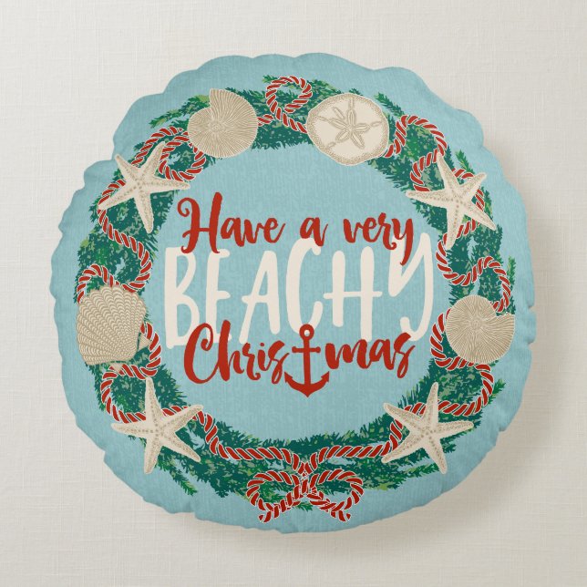 Christmas Coastal Tropical Sea Shell Wreath -Aqua Rund Kudde (Framsidan)