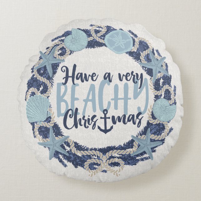 Christmas Coastal Tropical Sea Shell Wreath -Blue Rund Kudde (Framsidan)