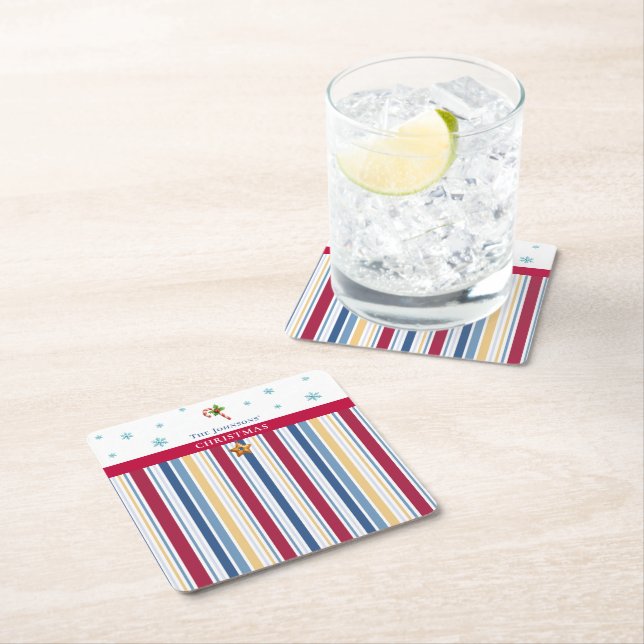 Christmas Coasters – Blue, Red & Gold Stripes Underlägg Papper Kvadrat (Insitu)