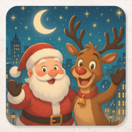 Christmas Coasters- Santa & Reindeer - Home Decor  Underlägg Papper Kvadrat