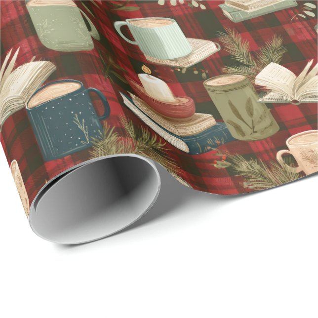 Christmas Coffee Cups Books Candles Rad Plaid  Presentpapper (Rullad Hörn)