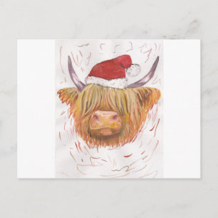 christmas coo Highland Cow med julklapp Helg Vykort