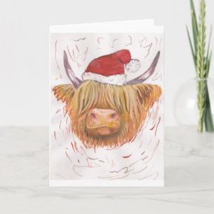 christmas coo Highland Cow med julklapp Helgkort