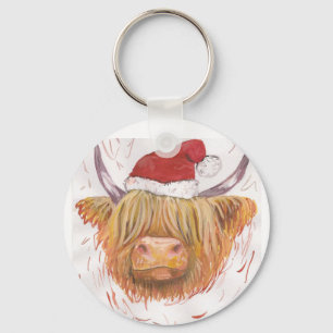christmas coo Highland Cow med julklapp Nyckelring