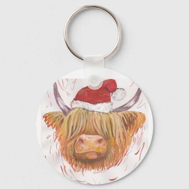 christmas coo Highland Cow med julklapp Nyckelring (Framsida)
