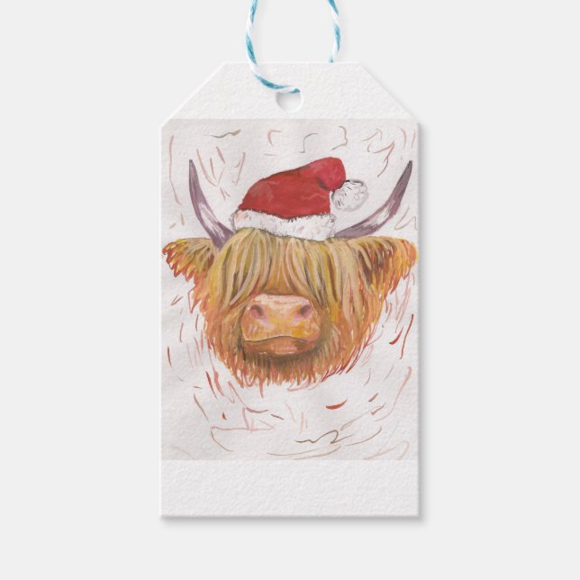christmas coo Highland Cow med julklapp Presentetikett (Framsidan)