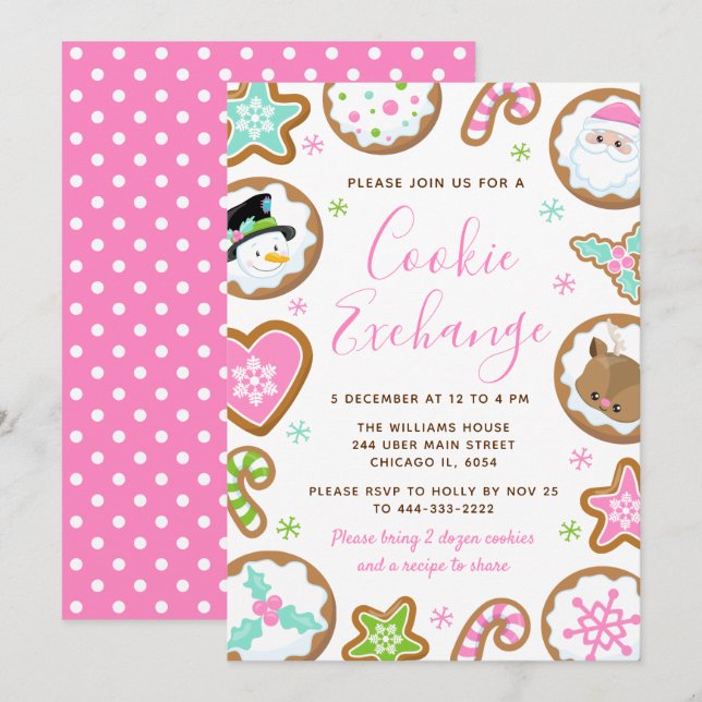 Christmas Cookie Exchange Pink and Green Inbjudningar (Fram/baksida)