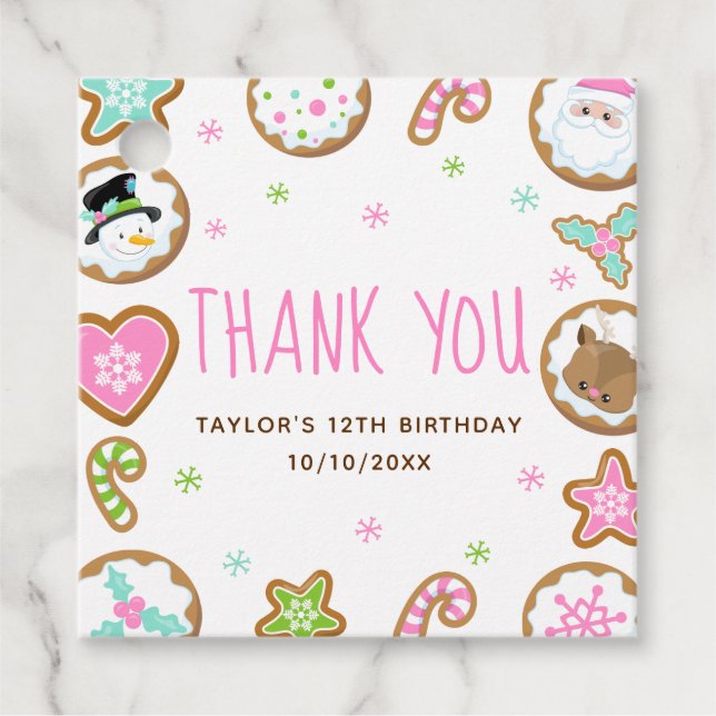Christmas Cookies Birthday Party Pink Thank You Gåvor Etiketter (Framsida)