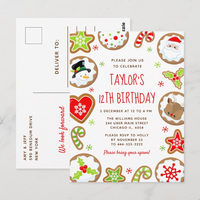 Christmas Cookies Birthday Party Red and Green Vykort (Fram/baksida)
