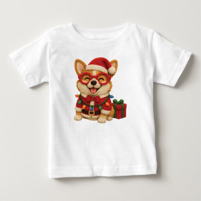 Christmas Corgi Crochet Look T Shirt (Framsida)
